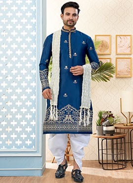 Elegant Blue Malai Silk Embroidered Sequins Thread Kurta Pyjama