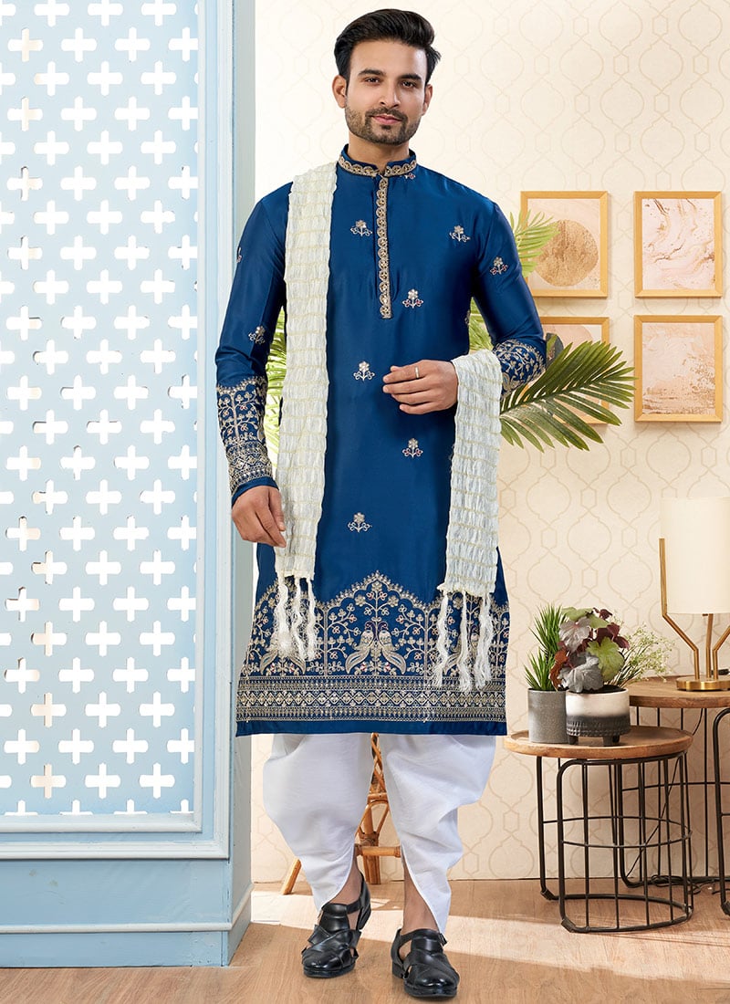 Elegant Blue Malai Silk Embroidered Sequins Thread Kurta Pyjama Festive Wear