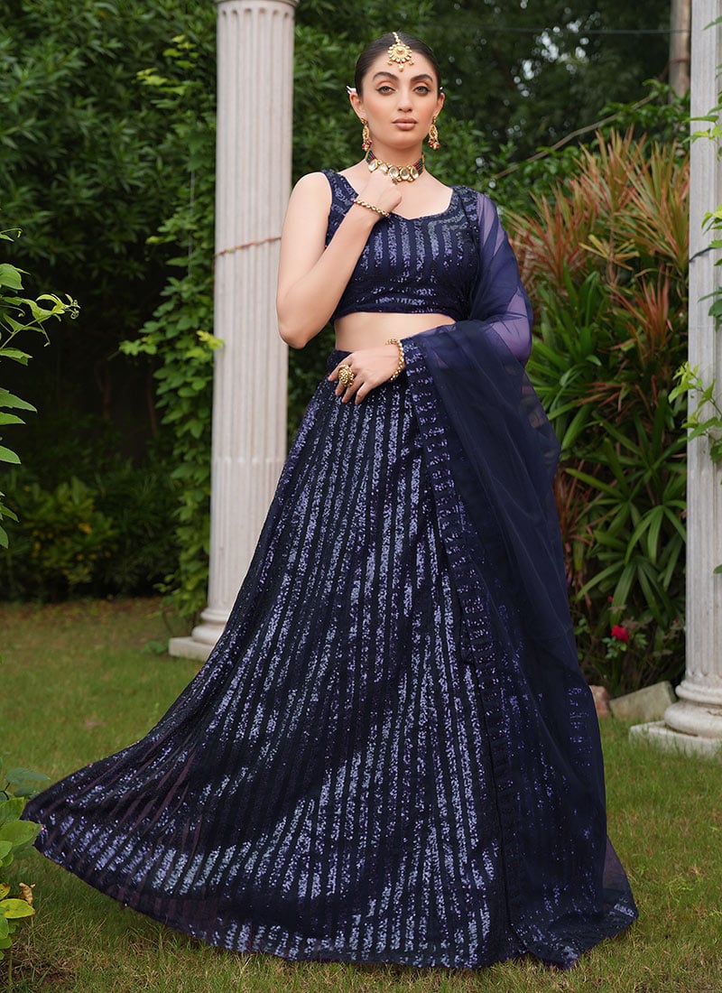Elegant Blue Net Sequins Lehenga Wedding Wear