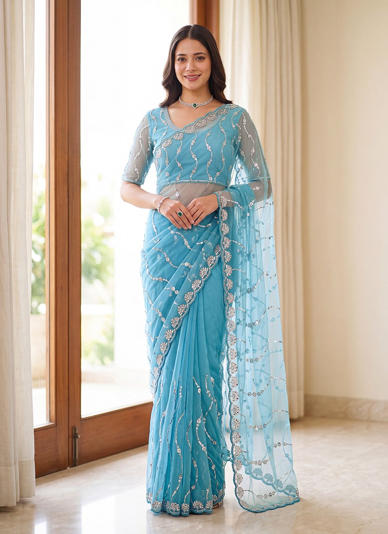 Elegant Blue Net Sequins Saree After Six Wear