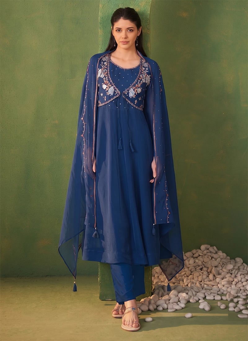 Elegant Blue Organza Embroidered Straight Pant Suit After Six Wear