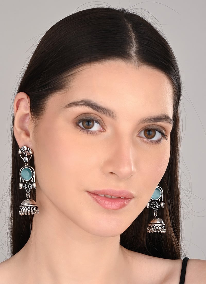 Elegant Blue Pearl Stone Jhumka After Six Wear