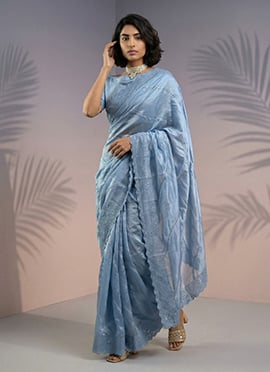 Elegant Blue Rasberry Silk Hand Embroidered Saree