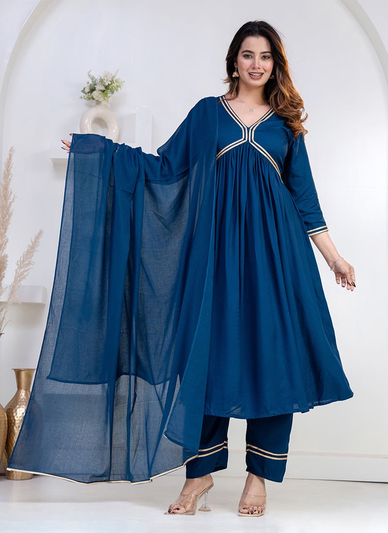 Elegant Blue Rayon Zari Lace Work Anarkali Suit After Six Wear