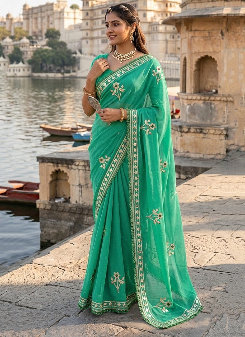 Elegant Blue Royal Georgette Embroidered Gota Saree Festive Wear