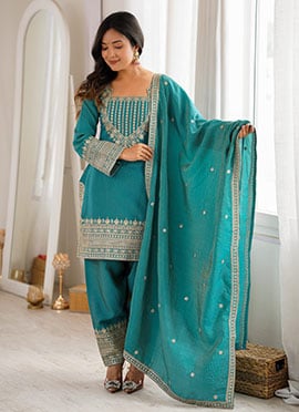 Elegant Blue Sequins Vichitra Silk Straight Pant Suit