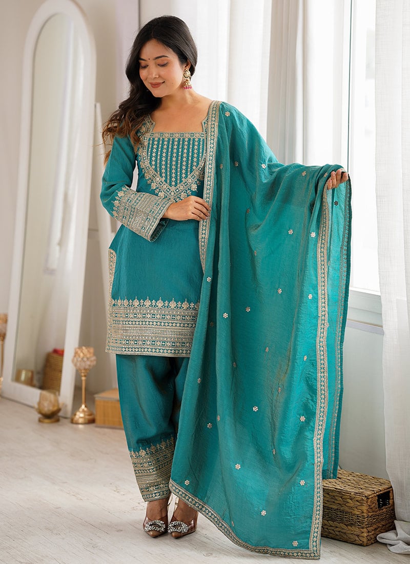 Elegant Blue Sequins Vichitra Silk Straight Pant Suit After Six Wear