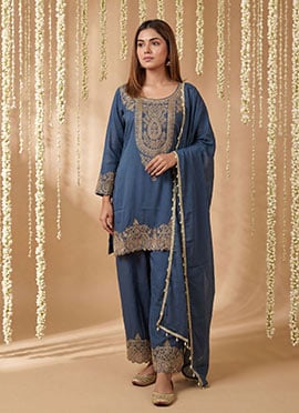 Elegant Blue Shimmer Tissue Embroidered Palazzo Suit