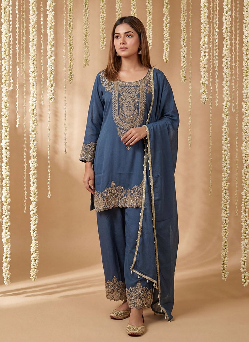 Elegant Blue Shimmer Tissue Embroidered Palazzo Suit Festive Wear