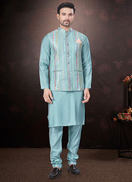 Elegant Light Blue Silk Sequins Embroidered Bandi Set