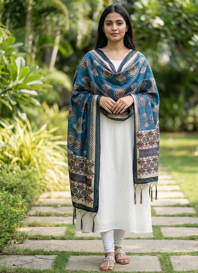 Elegant Blue Silk Digital Print Dupatta After Six Wear