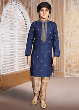 Elegant Blue Silk Embroidered Kids Boys Kurta Pyjama