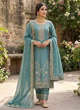 Elegant Blue Silk Embroidered Sequins Palazzo Suit