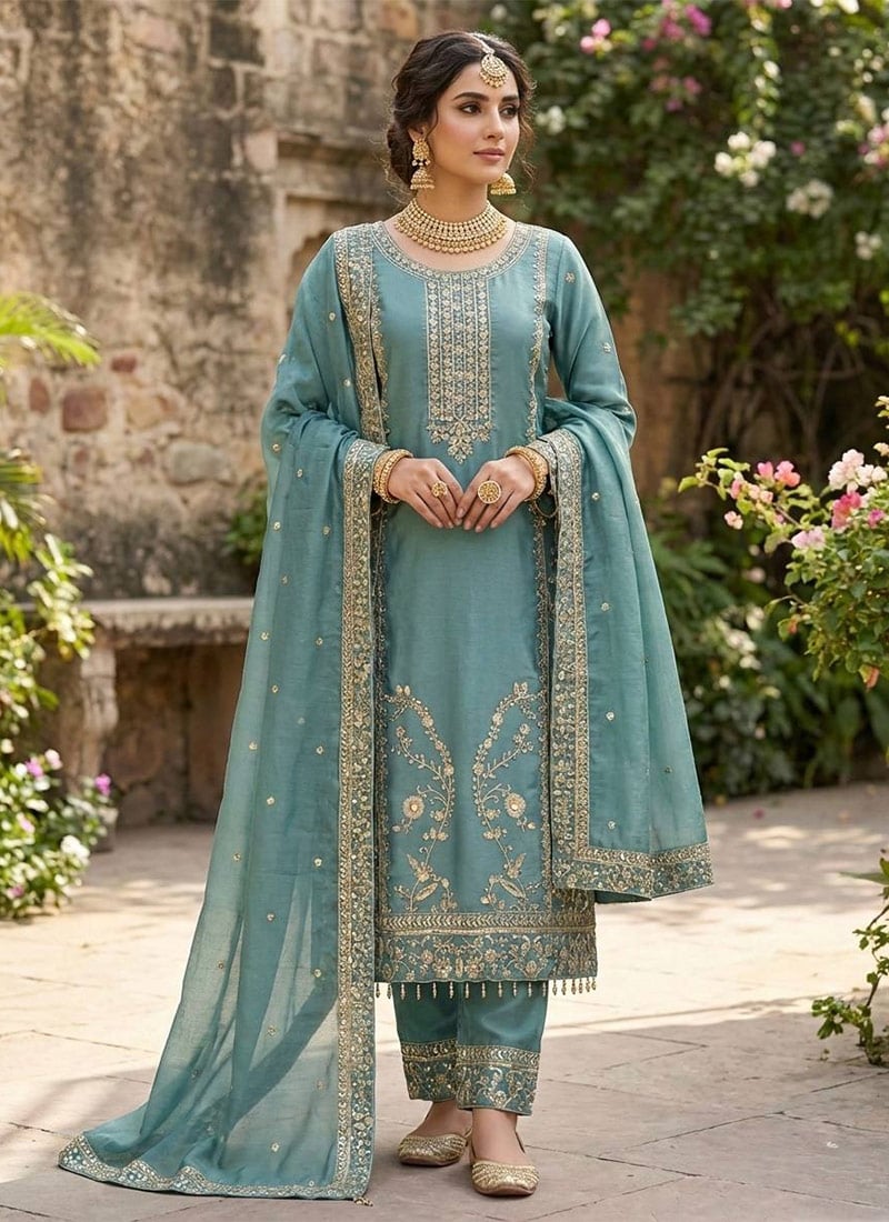 Elegant Blue Silk Embroidered Sequins Palazzo Suit Festive Wear