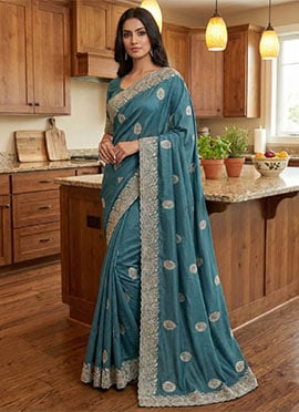Elegant Blue Silk Embroidered Stone Saree