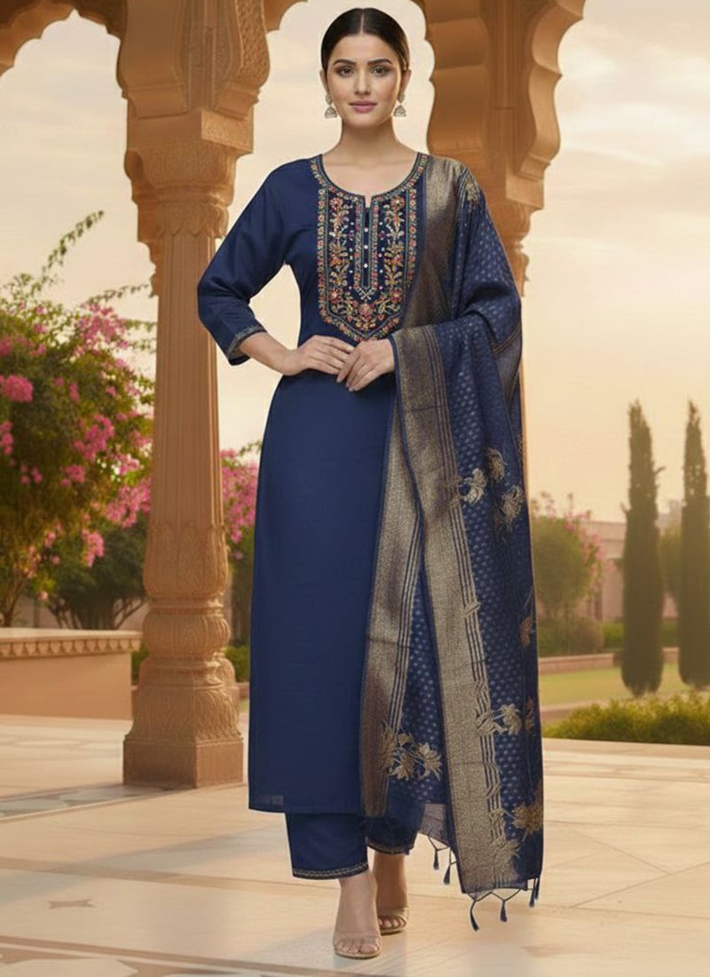 Elegant Blue Silk Embroidered Straight Pant Suit Festive Wear