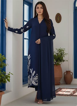 Elegant Blue Silk Resham Foil Embroidered Straight Pant Suit