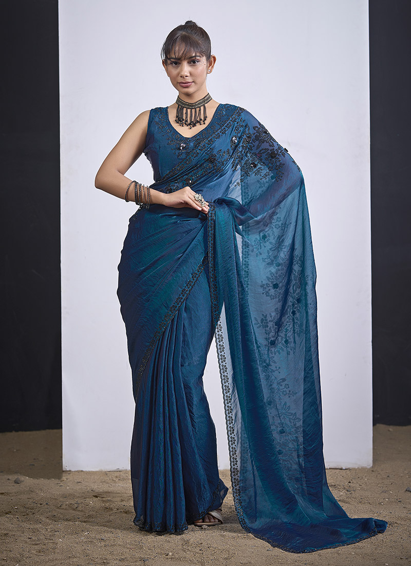 Elegant Blue Silk Tikki Work Saree After Six Wear