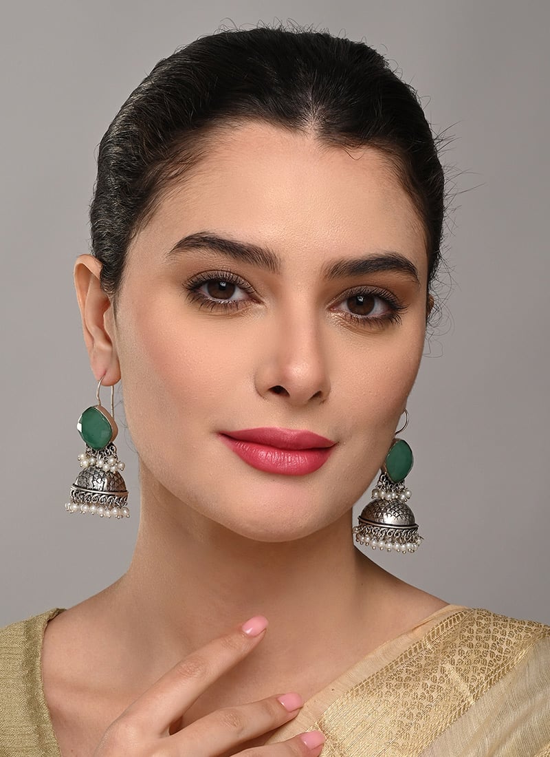 Elegant Blue Stone Pearl Jhumka After Six Wear