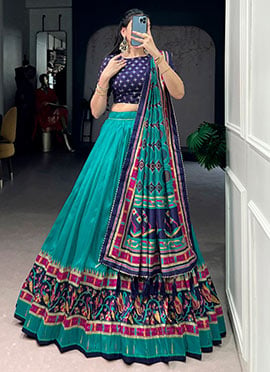 Elegant Blue Tusser Silk Patola Print Umbrella Lehenga