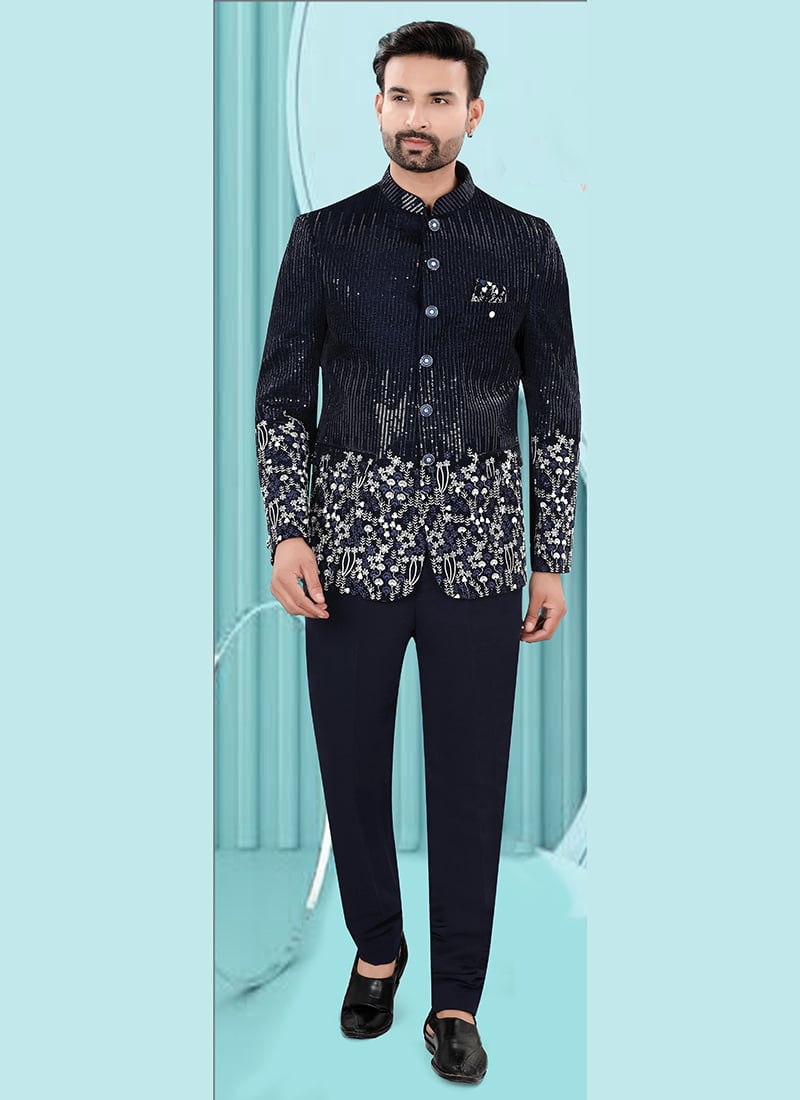 Elegant Blue Velvet Embroidered Sequins Bandhgala Suit Wedding Wear