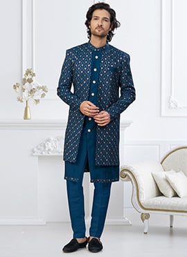 Elegant Blue Zari Jackard Malai Silk Stones Zari Indowestern Sherwani