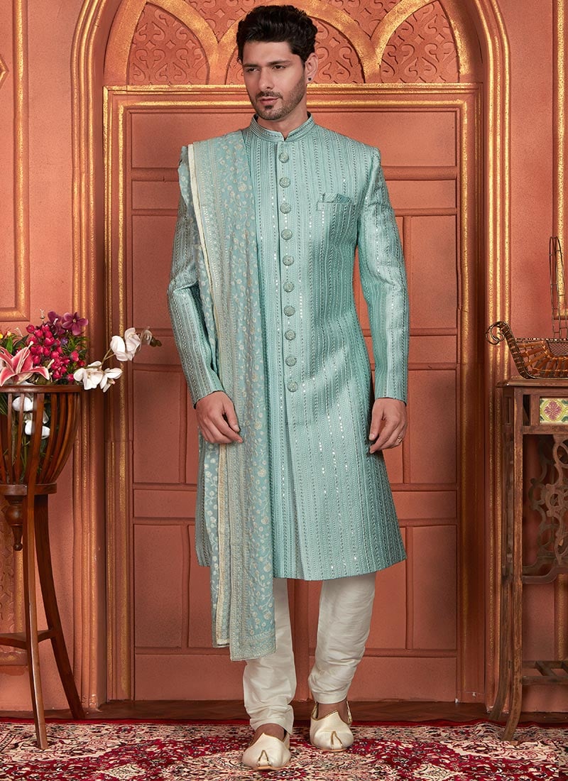 Elegant Brilliance Green Silk Embroidered Sequins Classic Sherwani Wedding Wear