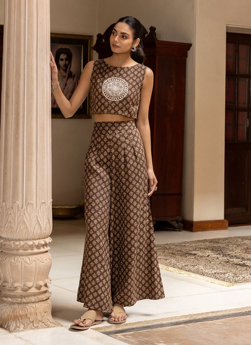 Elegant Brown Cotton Printed Indowestern Sets and Suits After Six Wear
