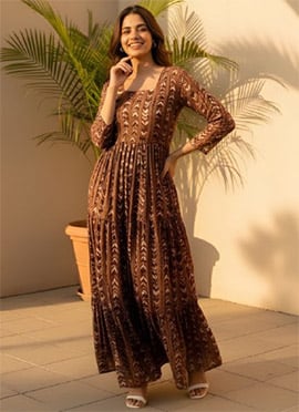 Elegant Brown Georgette Printed Fit And Flare Dress