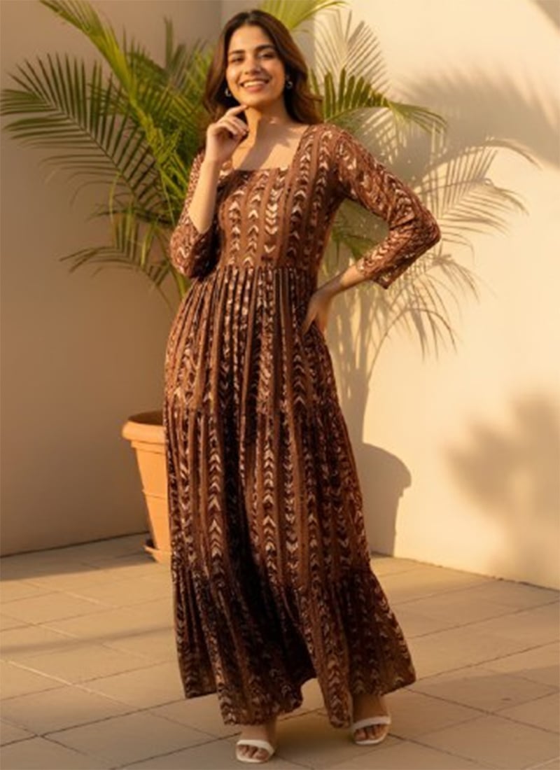 Elegant Brown Georgette Printed Fit And Flare Dress After Six Wear