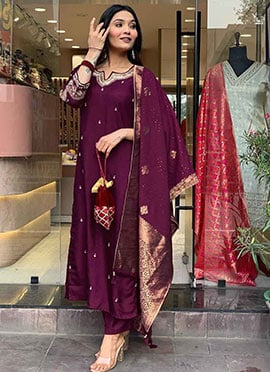 Elegant Burgundy Cotton Embroidered Straight Pant Suit