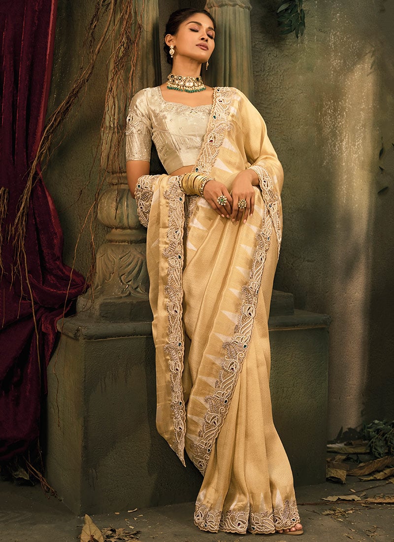 Elegant Chiku Silk Mirror Work Saree Wedding Wear