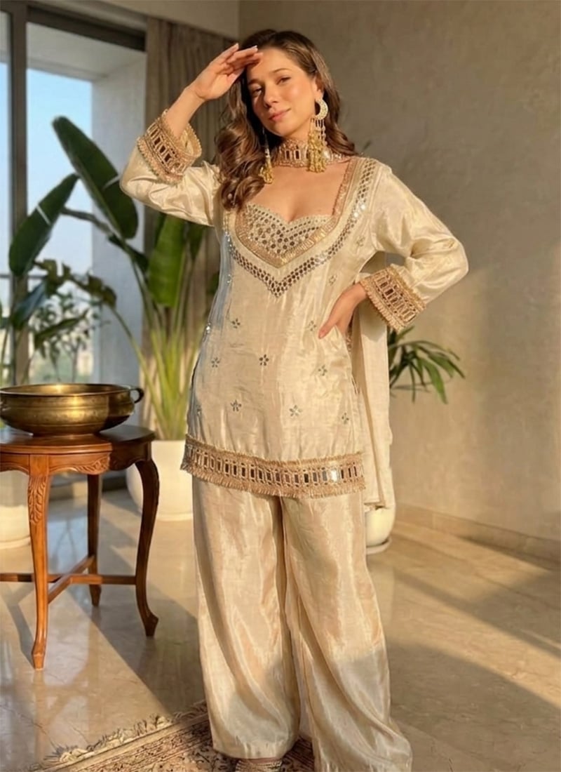 Elegant Cream Chinon Silk Heavy Thread Embroidery With Mirror Work Palazzo Suit After Six Wear