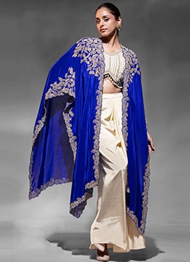 Elegant Cream Crepe Zari Mirror Work Sequins Indo Western Skirt Set