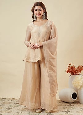 Elegant Cream Crunchy Silk Heavy Thread Embroidery Work Palazzo Suit