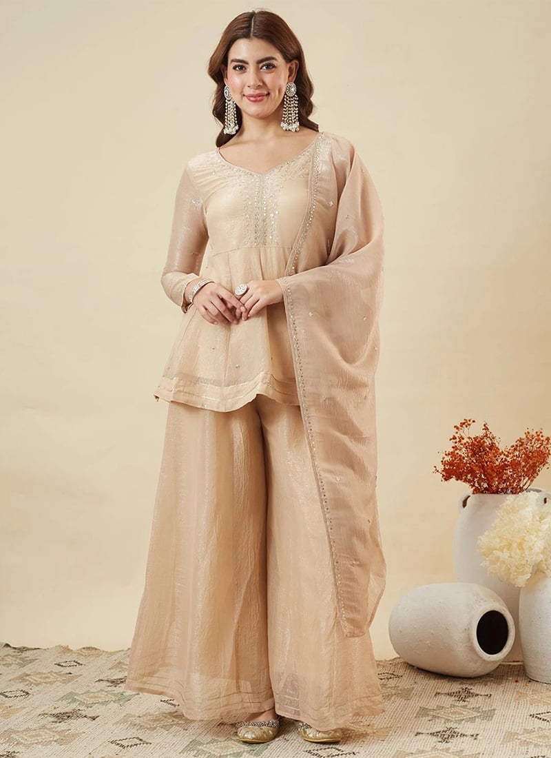 Elegant Cream Crunchy Silk Heavy Thread Embroidery Work Palazzo Suit After Six Wear