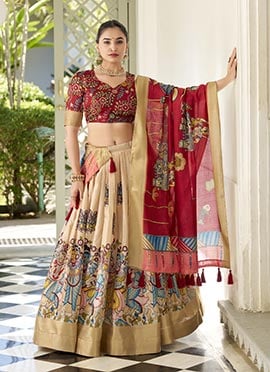 Elegant Cream Dola Silk Lehenga With Zari Work And Kalamkari Print