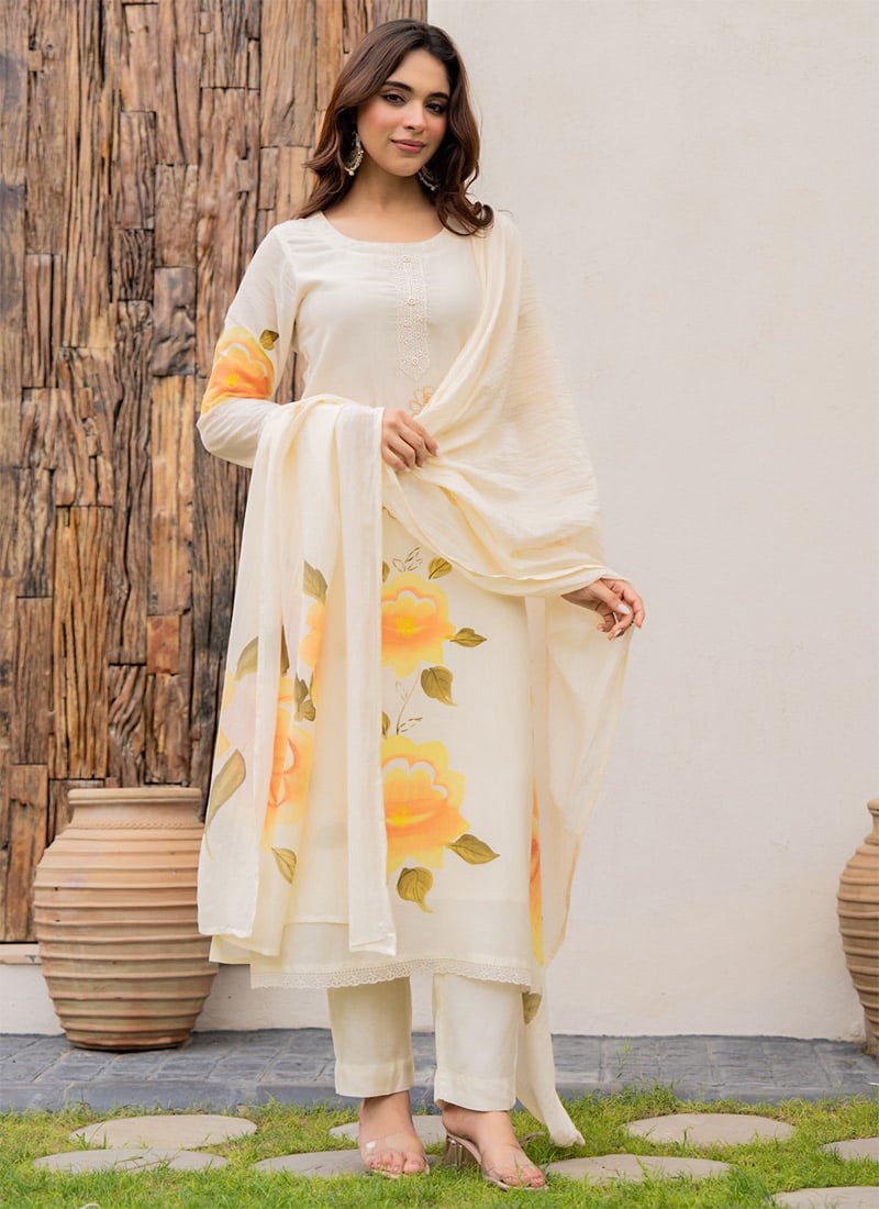 Elegant Cream Embroidered Viscose Chanderi Straight Pant Suit After Six Wear