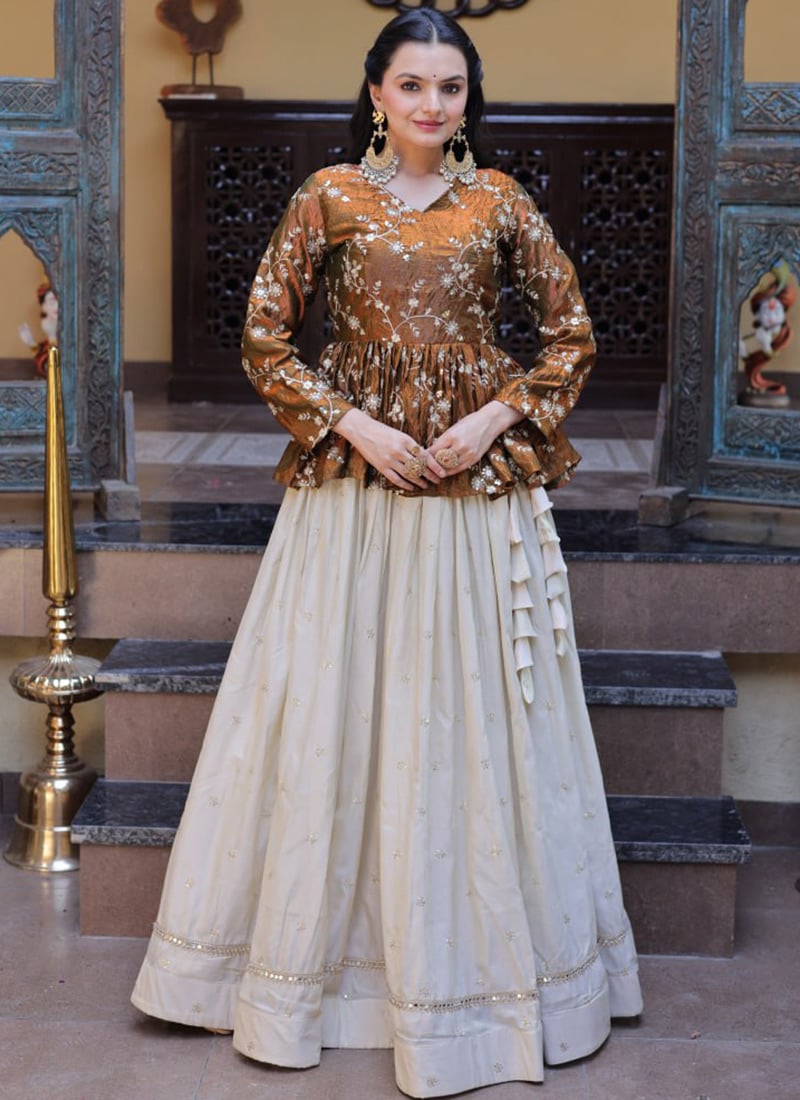 Elegant Cream Georgette Sequins Embroidered Zari Indowestern Set Festive Wear