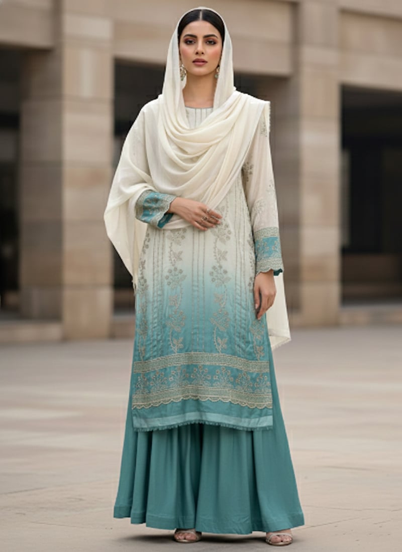 Elegant Cream Georgette Zari Sequins Sharara Suit Festive Wear