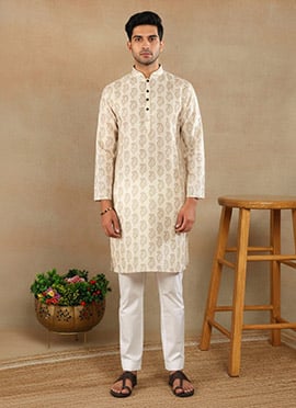 Elegant Cream Linen Printed Kurta Pyjama
