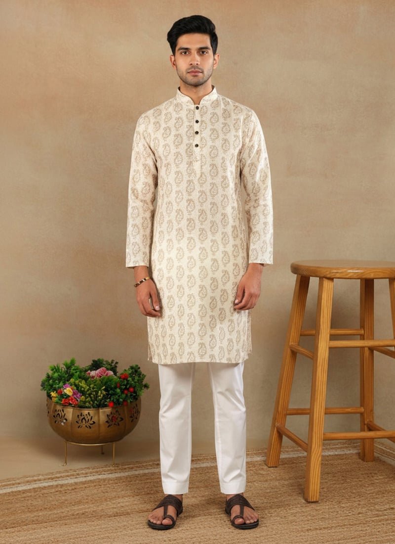 Elegant Cream Linen Printed Kurta Pyjama Festive Wear