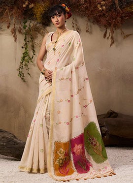 Elegant Cream Muga Cotton Resham Zari Printed Floral Print Saree