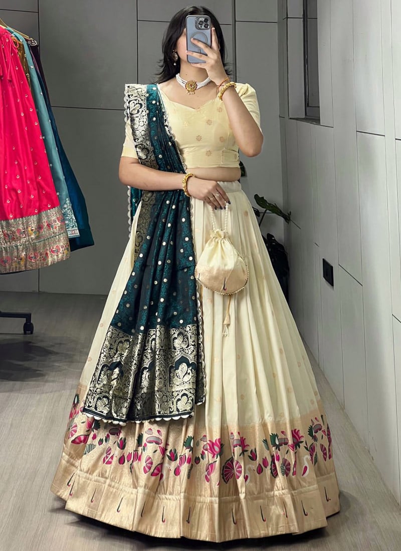 Elegant Cream Paithani Silk Jacquard Zari Woven A Line Lehenga Festive Wear