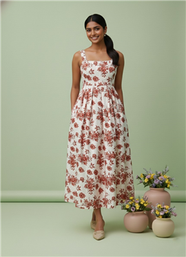 Elegant Cream Satin Floral Indowestern Dress