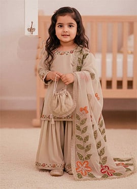 Elegant Cream Silk Embroidered Sequins Kids Girls Sharara Suit