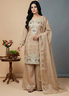Elegant Cream Silk Embroidered Sequins Palazzo Suit