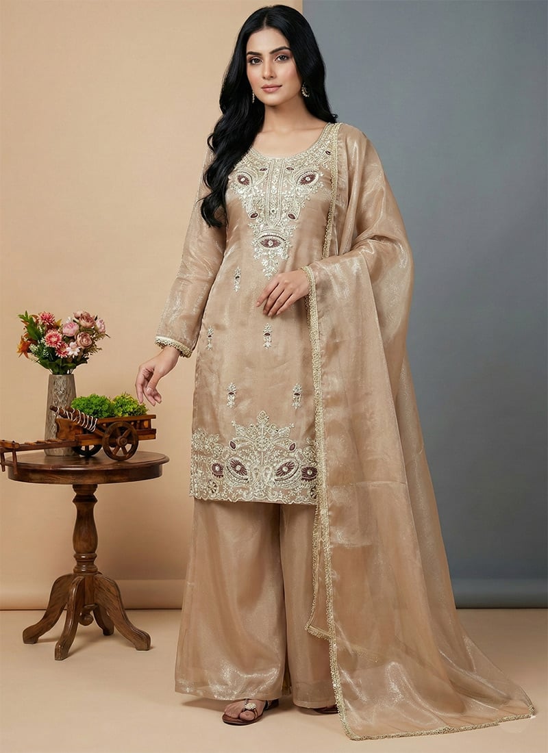 Elegant Cream Silk Embroidered Sequins Palazzo Suit Festive Wear