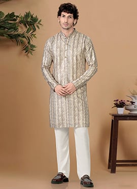 Elegant Cream Soft Cotton Sequins Embroidered Printed Kurta Pyjama