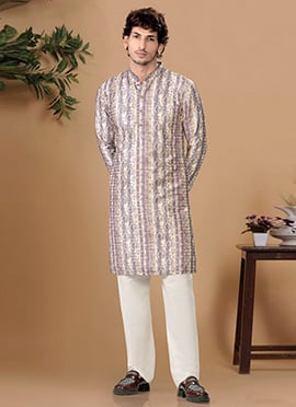 Elegant Cream Soft Cotton Sequins Embroidered Printed Kurta Pyjama